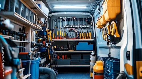 Well-organized mobile workshop inside a service van, filled with various tools and equipment.