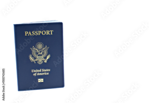 United States of America passport is an official travel document issued by a government that certifies a persons identity and nationality for international travel. Isolated on white with copy space photo