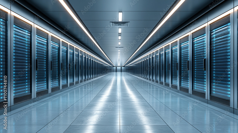 Fototapeta premium A modern corridor inside a busy data center with rows of servers creating a sense of high-tech, efficiency, and connectivity, symbolizing the backbone of digital infrastructure