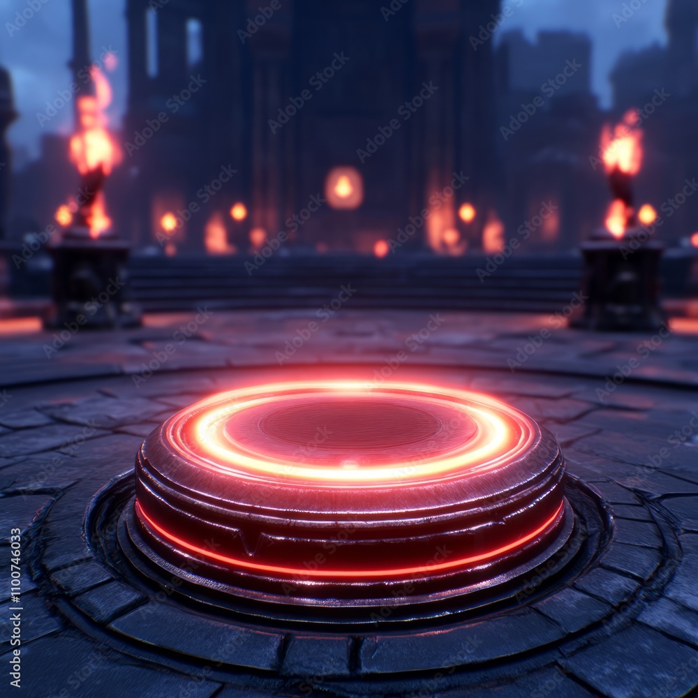Glowing red circle on dark stone platform in ancient ruins at night. Glowing red circle on dark stone platform in ancient ruins at night.