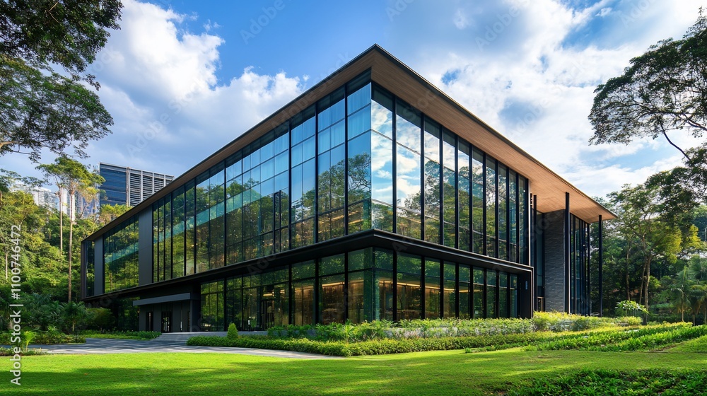 Obraz premium Modern glass building in lush green landscape.