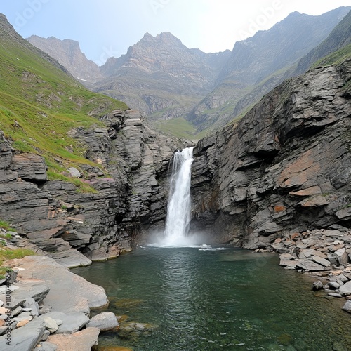 Majestic waterfall cascading down rocky mountainside into serene pool.