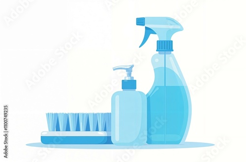 illustration of blue spray bottle and cleaning brush, cleaning equipment, copy space, isolated on white background