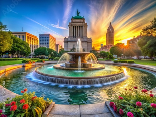 Scenic Capture of Depew Memorial Fountain and Indiana War Memorial in Indianapolis Surrounded by Lush Greenery and Clear Blue Skies for a Winning Landscape Photography Shot photo