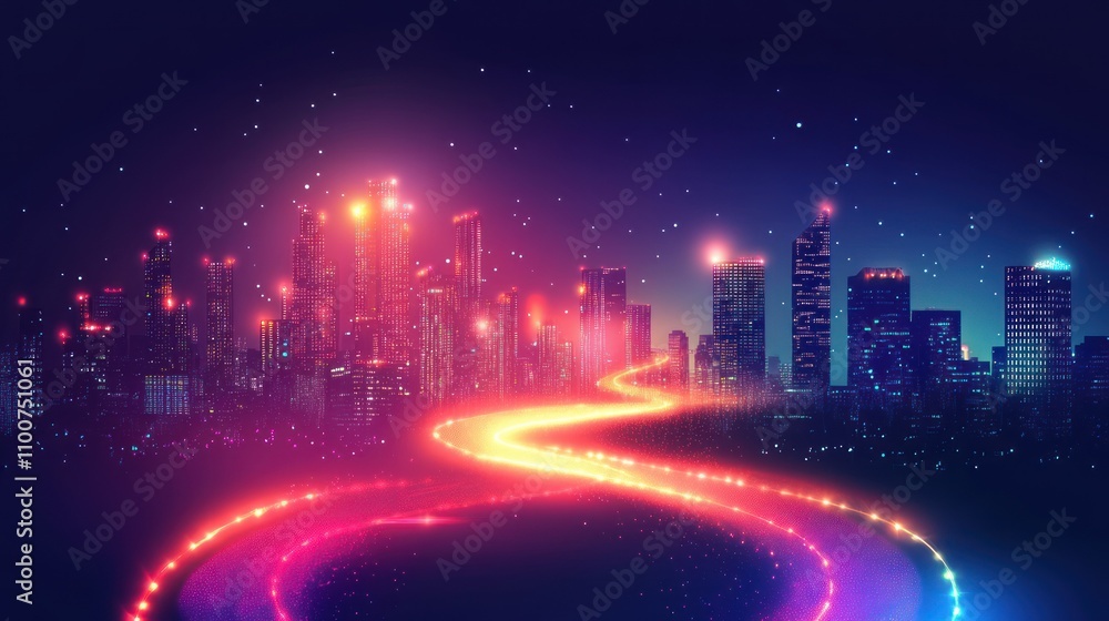 Fototapeta premium Glowing road leading to a vibrant futuristic cityscape at night.