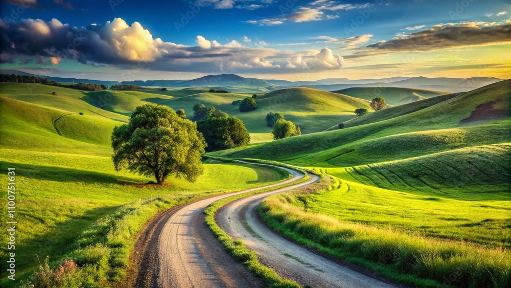 Fototapeta premium Scenic Winding Dirt Road Through Grassy Fields in Rolling Hills Landscape Perfect for Outdoor and Nature Photography