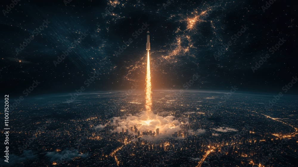 Obraz premium A towering rocket launches into space, leaving a trail of fire and smoke against a starry backdrop, highlighting humanity's ambition to explore the universe.