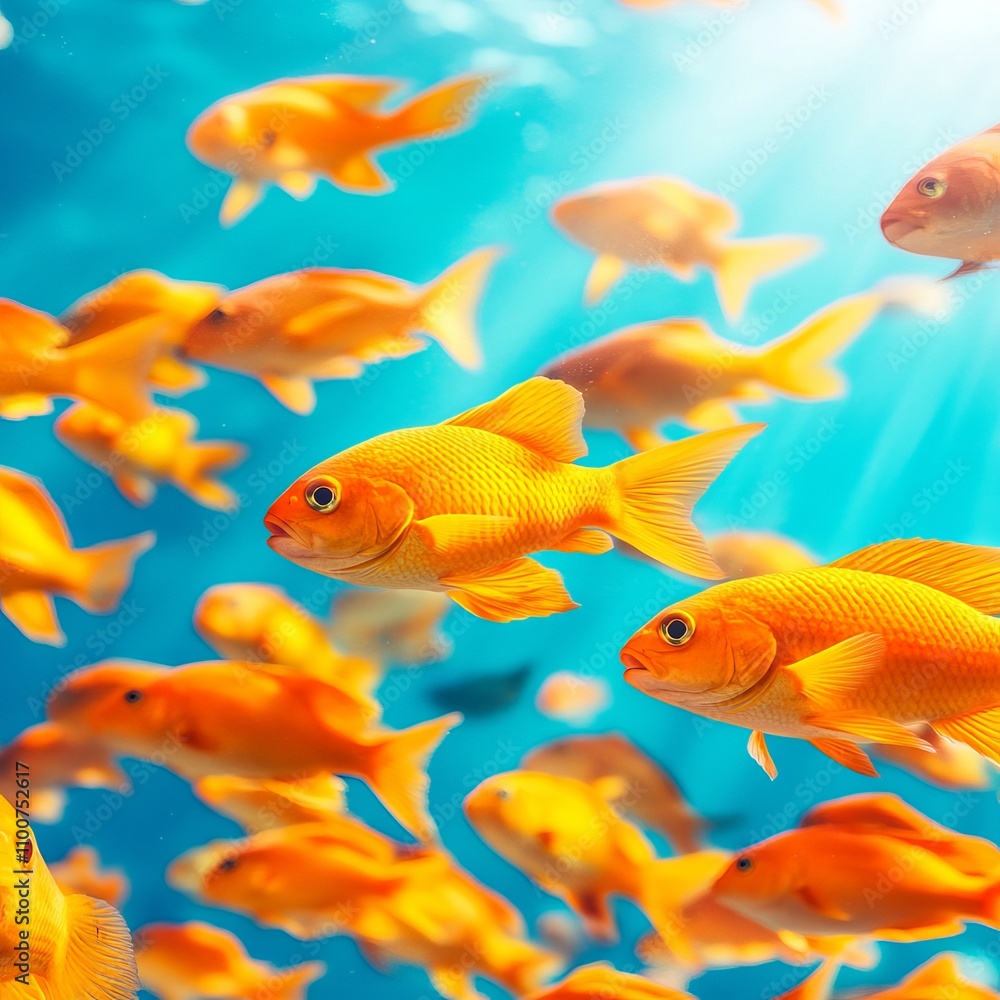 Fototapeta premium Vibrant orange fish schooling in clear blue water, sunlit scene.