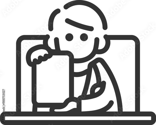 PCのオンライン診療で、タブレット画面を見せる、男性医師のアイコン（線画）のイラスト