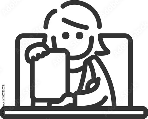 PCのオンライン診療で、タブレット画面を見せる、女性医師のアイコン（線画）のイラスト