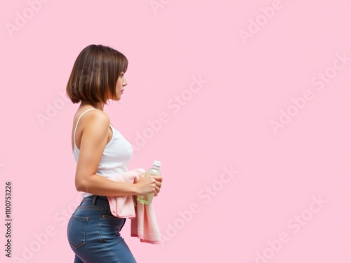 Brunette woman with bob haircut walking with bottle and towel on pink background, background, young woman photo