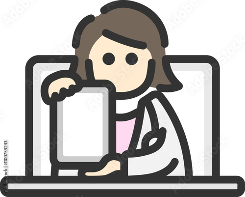 PCのオンライン診療で、タブレット画面を見せる、女性医師のアイコン（線画カラー）のイラスト