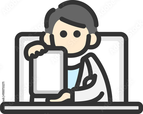 PCのオンライン診療で、タブレット画面を見せる、男性医師のアイコン（線画カラー）のイラスト