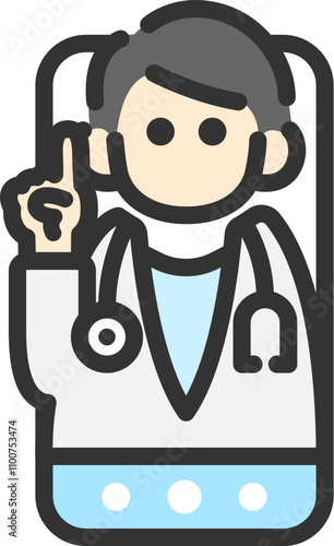 スマートフォンのオンライン診療で、説明する男性医師のアイコン（線画カラー）のイラスト