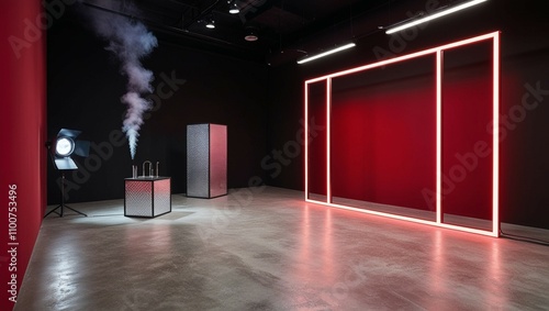 Neon lights, spotlights, a dark red background, and an empty, gloomy scene are all displayed on the dark stage. The studio space with smoke floating above the interior texture for exhibit products and photo