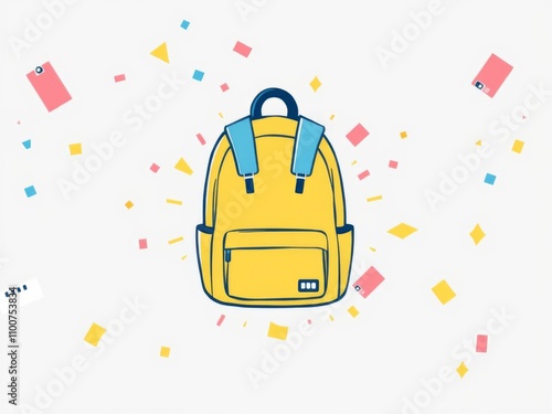 Cheerful background with geometric shapes, yellow backpack, and empty space in the middle amidst chaos, stylize, background, chaos photo