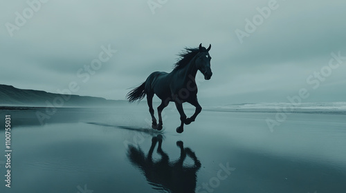 black steed running on deserted beach, creating serene atmosphere. misty surroundings enhance beauty of this majestic horse as it gallops gracefully along shore