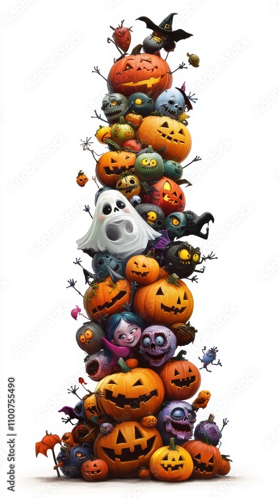 Fototapeta premium vertical stack of Halloween and pumpkins on a white background.