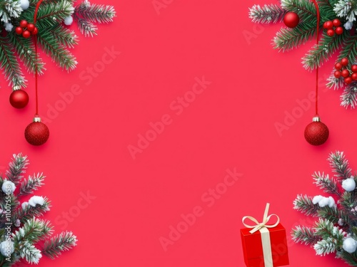 Christmas themed red background with festive decorations on the sides and space in the middle for text, concept, red, winter photo