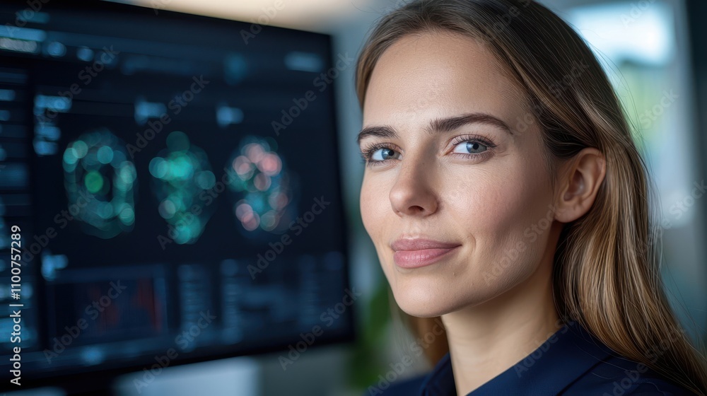 Serious and Focused Professional Woman Closely Examining and Analyzing Data Displayed on Digital Interface in a Corporate Workplace Setting Serious and Focused Professional Woman Closely Examining and Analyzing Data Displayed on Digital Interface in a Corporate Workplace Setting