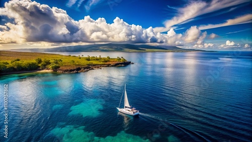 Serene Ocean Landscape Featuring a Catamaran Sailboat and Dramatic Clouds on Kohala Coast, Big Island, Hawaii – A Minimalist Photography Perspective photo