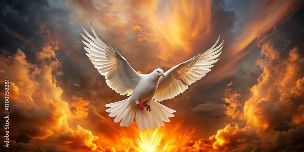 Fototapeta premium Serene Pentecost Sunday Scene with a White Dove in Flames, Symbolizing the Holy Spirit's Descent on Apostles and Followers, Captured in Low Light Photography