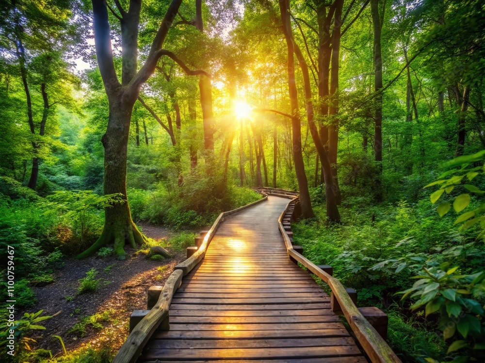 Serene Sunlit Forest Path with Lush Greenery and Wooden Walkway Inviting Tranquility for Nature Lovers and Adventurers in a Peaceful Outdoor Environment Serene Sunlit Forest Path with Lush Greenery and Wooden Walkway Inviting Tranquility for Nature Lovers and Adventurers in a Peaceful Outdoor Environment