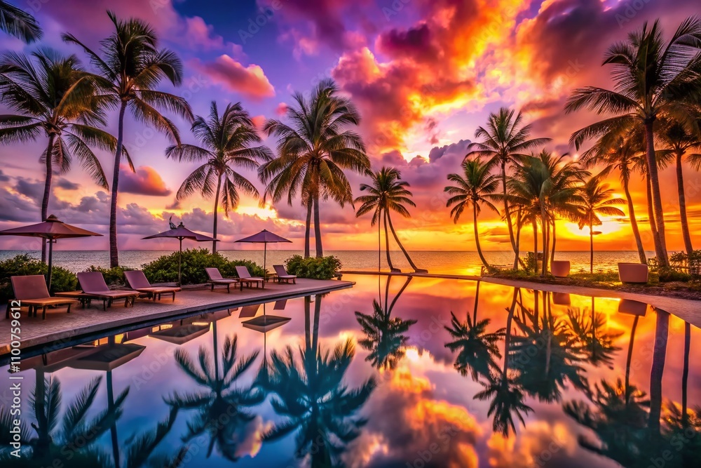 Fototapeta premium Serene Sunset Over an Opulent Beachside Pool Surrounded by Lush Tropical Palms and Soft Beach Sand, Creating a Luxurious Escape for Relaxation and Indulgence