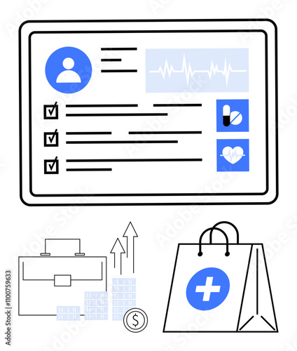 Tablet screen displaying digital health records, medications, and vital signs. Growth chart, briefcase, and shopping bag with medical cross. Ideal for healthcare, technology, management business