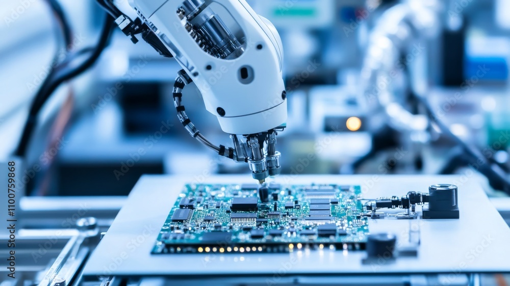 A robot assembling intricate circuit boards in a clean, modern electronics lab with organized workstations and advanced soldering equipment, Circuit board assembly tech style A robot assembling intricate circuit boards in a clean, modern electronics lab with organized workstations and advanced soldering equipment, Circuit board assembly tech style