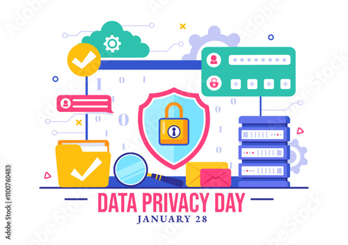 Data Privacy Day Vector Illustration featuring a Lock on a Screen, Representing Secure Information, Documents and Data Protection in a Flat Background