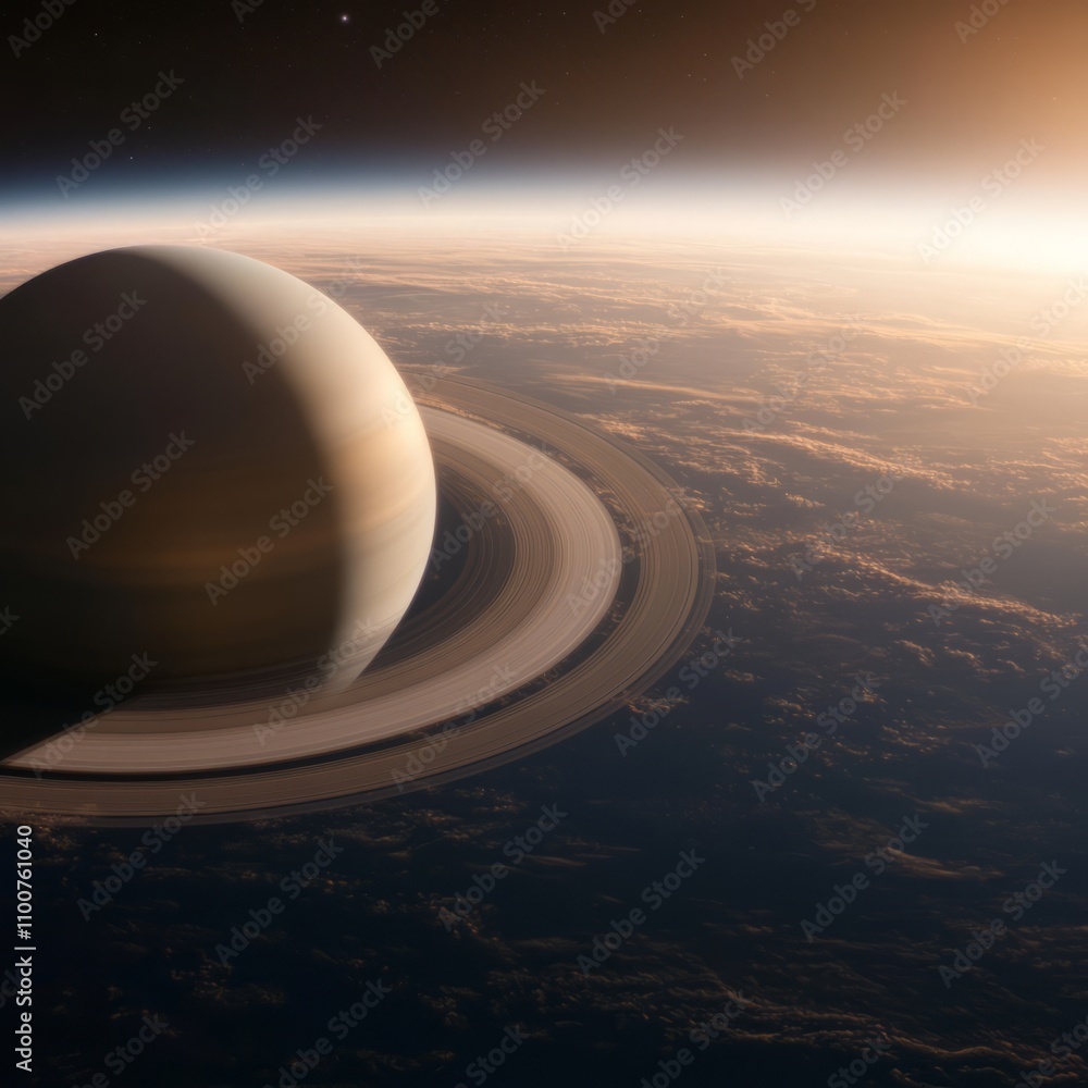 Stunning view of Saturn's rings and atmosphere from space. Stunning view of Saturn's rings and atmosphere from space.