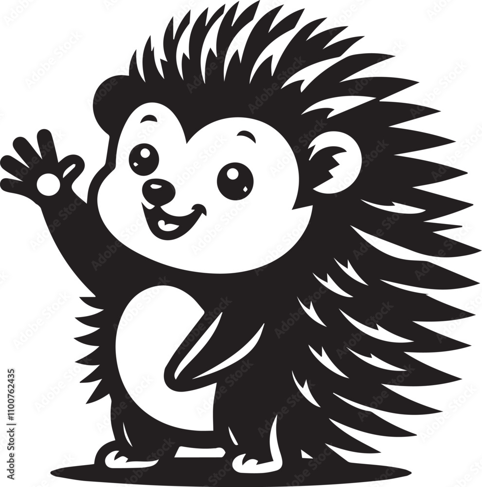 Fototapeta premium A cheerful hedgehog waving a tiny hand vector silhouette