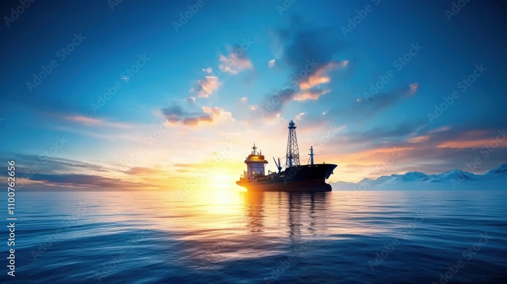 Obraz premium Offshore oil drilling platform silhouetted against a stunning sunset over the calm ocean creating a dramatic and atmospheric seascape with a beautiful cloudscape in the background