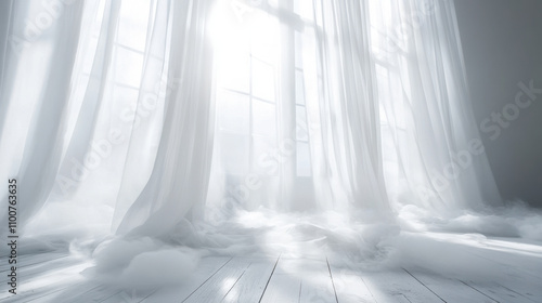 serene room filled with divine light, white curtains billow softly, creating ethereal atmosphere with clouds on floor photo