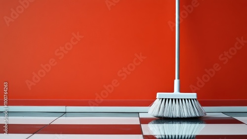 Broom resting on tiled floor with red wall background photo