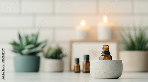 A serene arrangement featuring essential oil bottles, candles, and potted plants, creating a calming ambiance for relaxation and wellness.