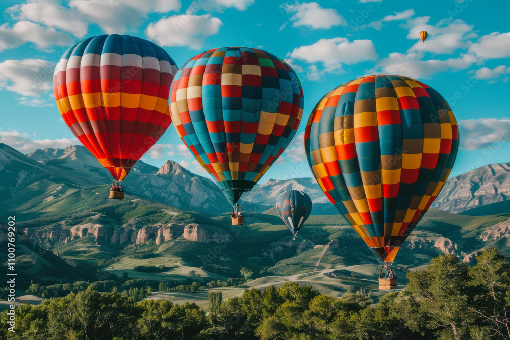 Naklejka premium Colorful hot air balloons flying over mountain
