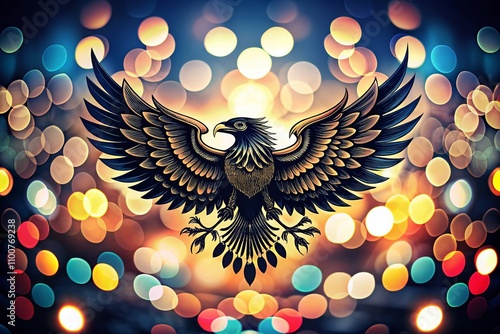 Striking Heraldic Eagle Emblems: Black Flat Tattoos and Silhouettes of Falcons with Wings, Celebrating Patriotic Symbols in a Bokeh Effect Background photo