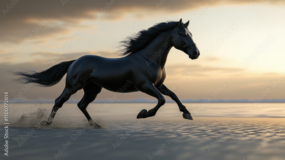Fototapeta premium Majestic black horse galloping on beach at sunset, showcasing strength and grace. serene atmosphere enhances beauty of this powerful creature