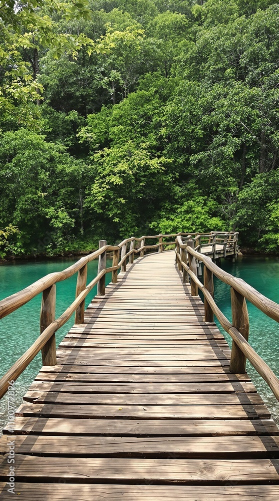 Fototapeta premium A peaceful wooden footbridge crossing a calm river in a lush green forest, river, tranquil, greenery