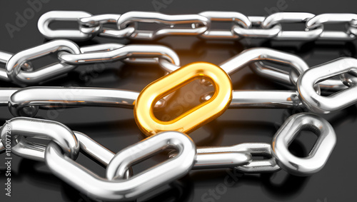 A silver chain with one bright golden link highlighted in the center, symbolizing strength, unity, and uniqueness within a connected system. photo