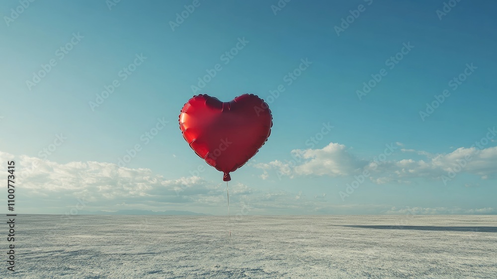 Fototapeta premium Red heart-shaped balloon floats in vast empty desert landscape under clear blue sky