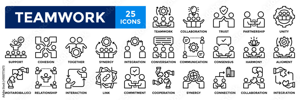Fototapeta premium Teamwork icon collection set. Containing collaboration,trust,partnership,together,cooperation,support icon. Simple line vector illustration.