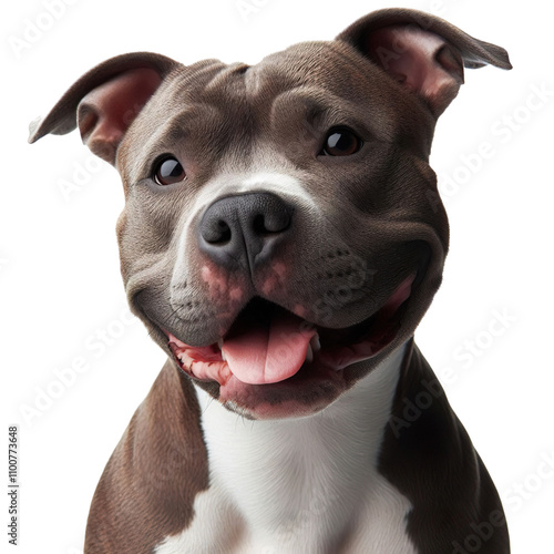 Portrait Smiling pitbull dog, approximately one year old, sits prominently in a close-up shot, looking slightly to the side against, white isolated background PNG photo