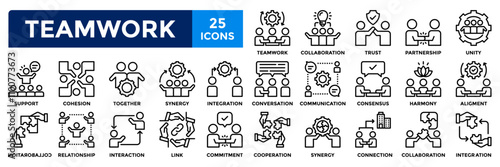 Teamwork icon collection set. Containing collaboration,trust,partnership,together,cooperation,support icon. Simple line vector illustration.