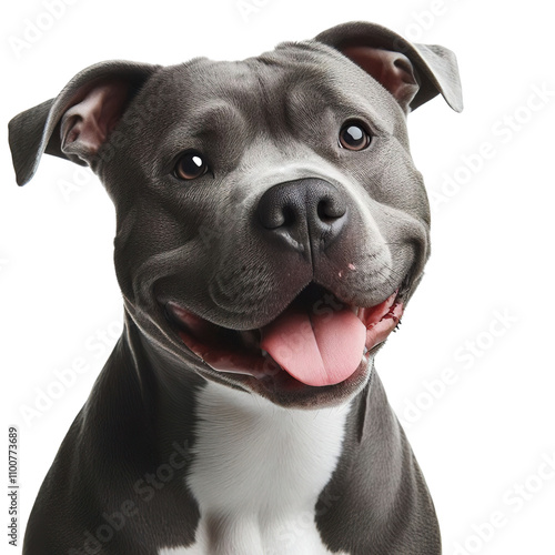 Portrait Smiling pitbull dog, approximately one year old, sits prominently in a close-up shot, looking slightly to the side against, white isolated background PNG photo