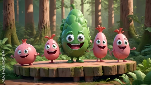 Adorable Animated Veggie Characters in a Forest Setting: A Delig photo