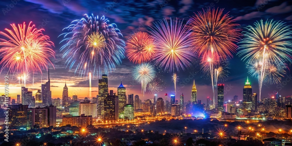 Fototapeta premium Stunning Fireworks Display Over a Vibrant City Skyline at Night, Capturing the Essence of Celebration and Colorful Light in a Panoramic 8K Ultra HD View for Abstract Letterhead Design