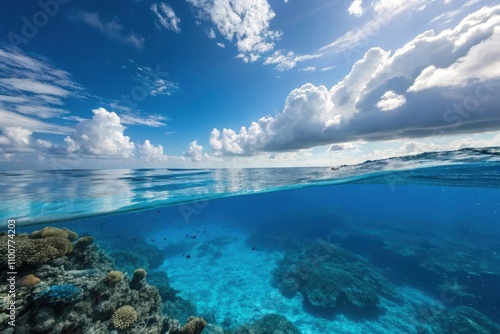 A breathtaking view of the ocean's surface and underwater world, showcasing vibrant coral reefs and a stunning sky filled with fluffy clouds.